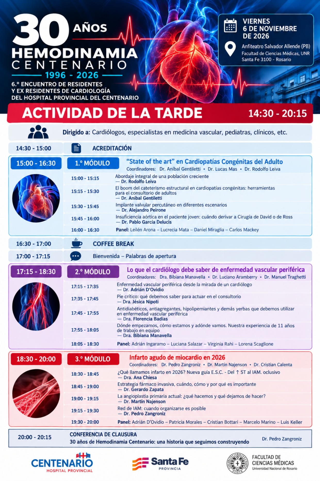 Flyer de la actividad de la tarde del Simposio Hemodinamia Centenario, con su programa de 14:30 a 20:15